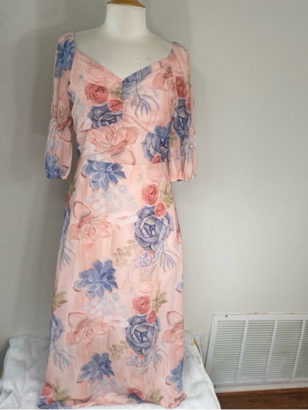 3/$25 Shein Womens Blush Floral Puff Sleeve Chiffon Dress Coquettecore Size M